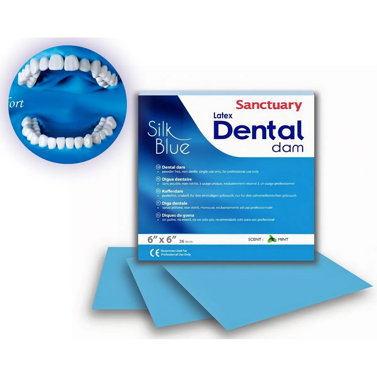 Коффердам латексний блакитні - тонкі, Sanctuary Dental Dam Silk Blue 152х152 мм, 36 шт (блакитний, м'ятний)