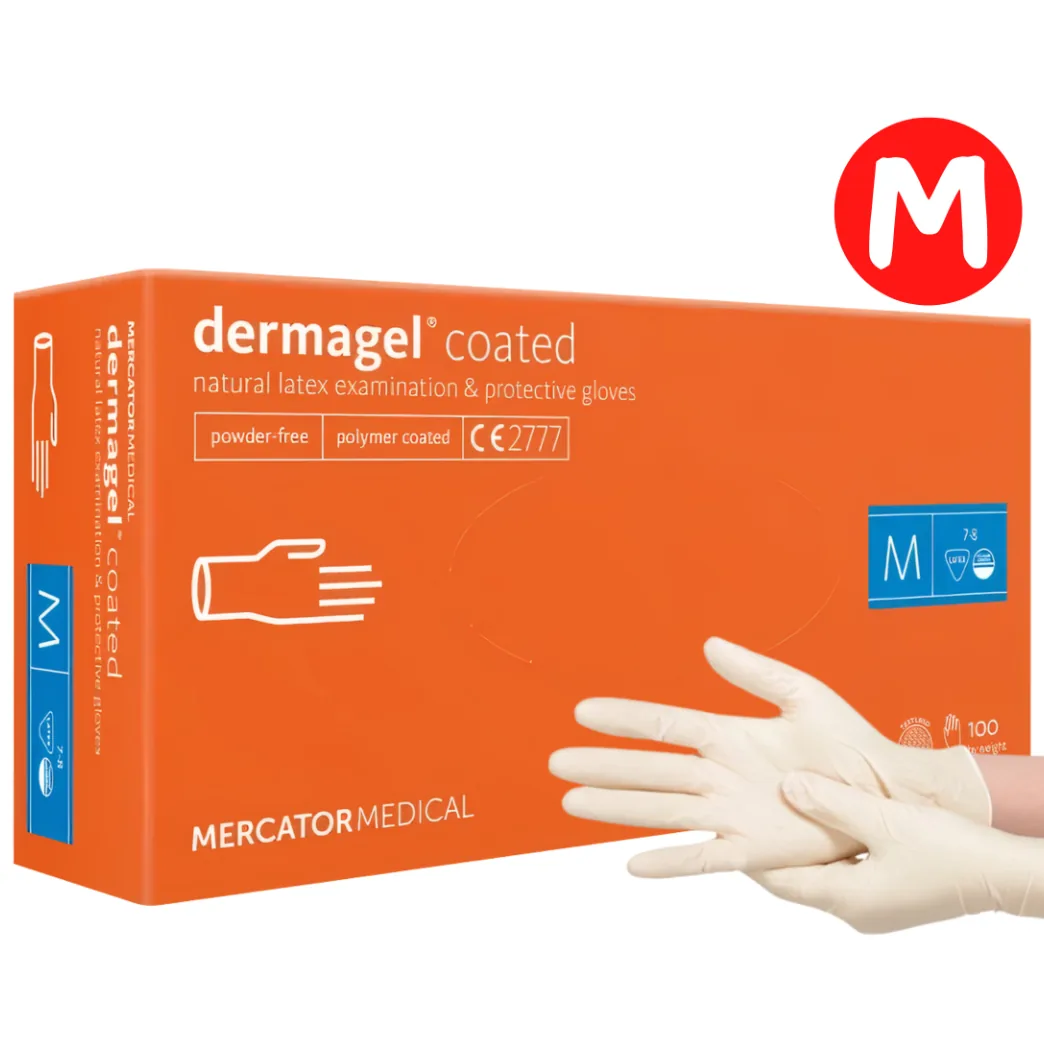 Рукавички латексні Dermagel Coated WHITE неопудрені, розмір M, 100 шт (Mercator Medical)