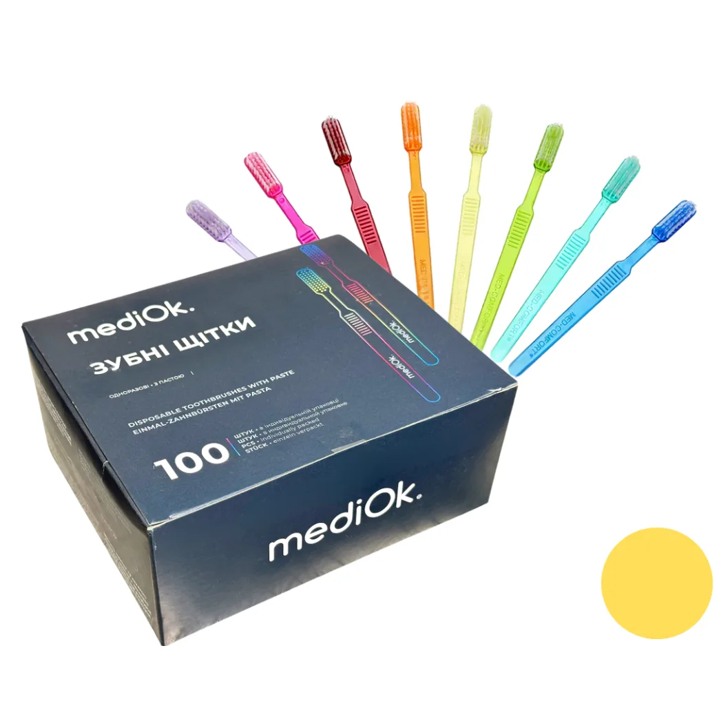 Одноразові зубні щітки з пастою MediOk, колір: ЖОВТИЙ, 100 шт. (Ampri)
